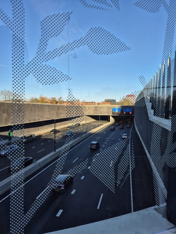 Blaadjesmotief in het glas ringweg Groningen