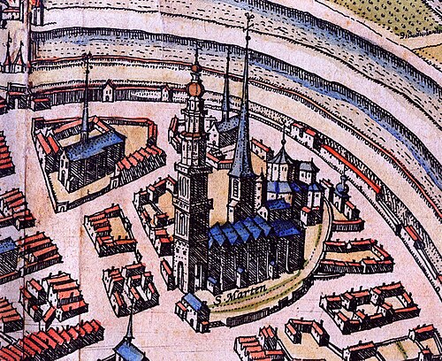 Links de Sint-Walburgkerk, rechts de Martinikerk (detail uit stedenatlas van Georg Braun en Frans Hogenberg uit 1575)
